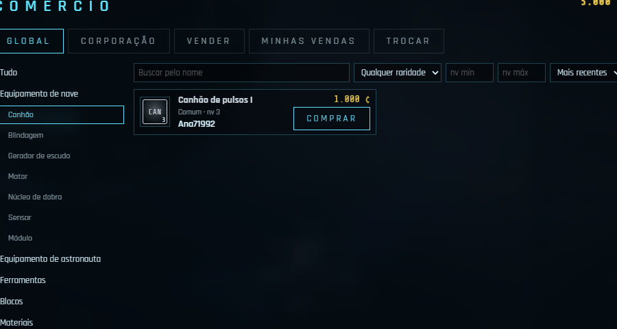 O mercado do jogo, com um canhão raro à venda
